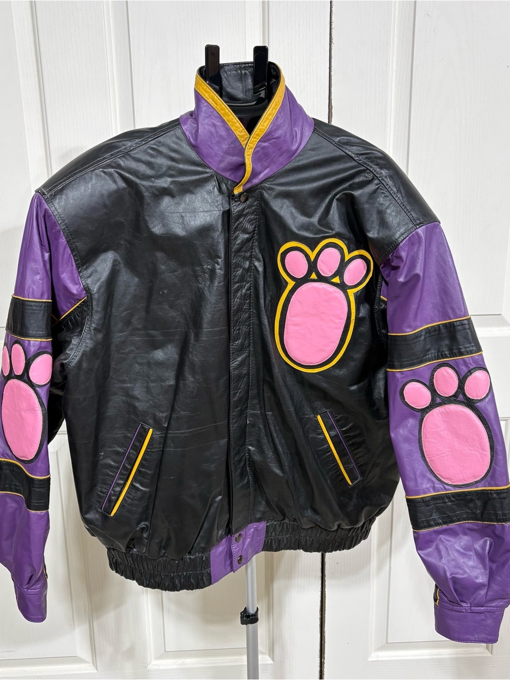 Vintage 90s Maziar Leather Gallery Pink Panther Graphic Patch Bomber Jacket XL